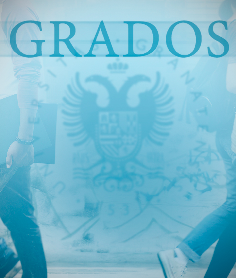 Imagen de color azul con el logotipo de la Universidad de Granada, estudiantes paseando de fondo y la palabra Grados destacada